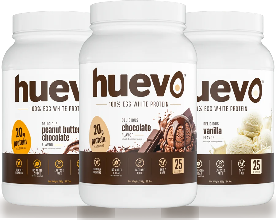 huevo Vanilla, Chocolate and Peanut Butter Chocolate egg white protein powder tubs